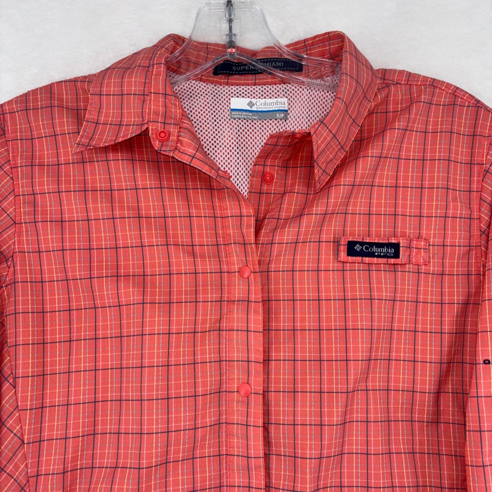 Columbia PFG Super Tamiami Fishing Shirt Womens Small Coral Plaid UPF 40 Omni - Picture 2 of 15